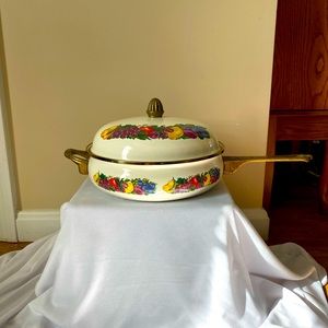 Vintage Metro Porcelain Enameled skillet with  Fruit Design with Brass Handles